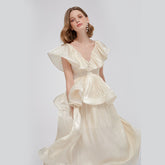 Ruffled V-Neck Midi Dress in Chiffon Organza with Tiered Peplum and Flowing Skirt